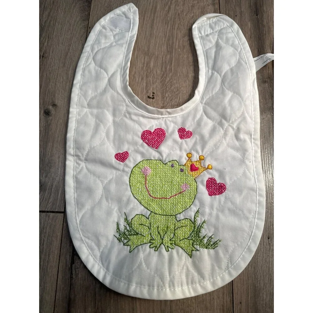 Set Of 2 Handmade Embroidered Baby Bibs With Frog & Ladybug Designs